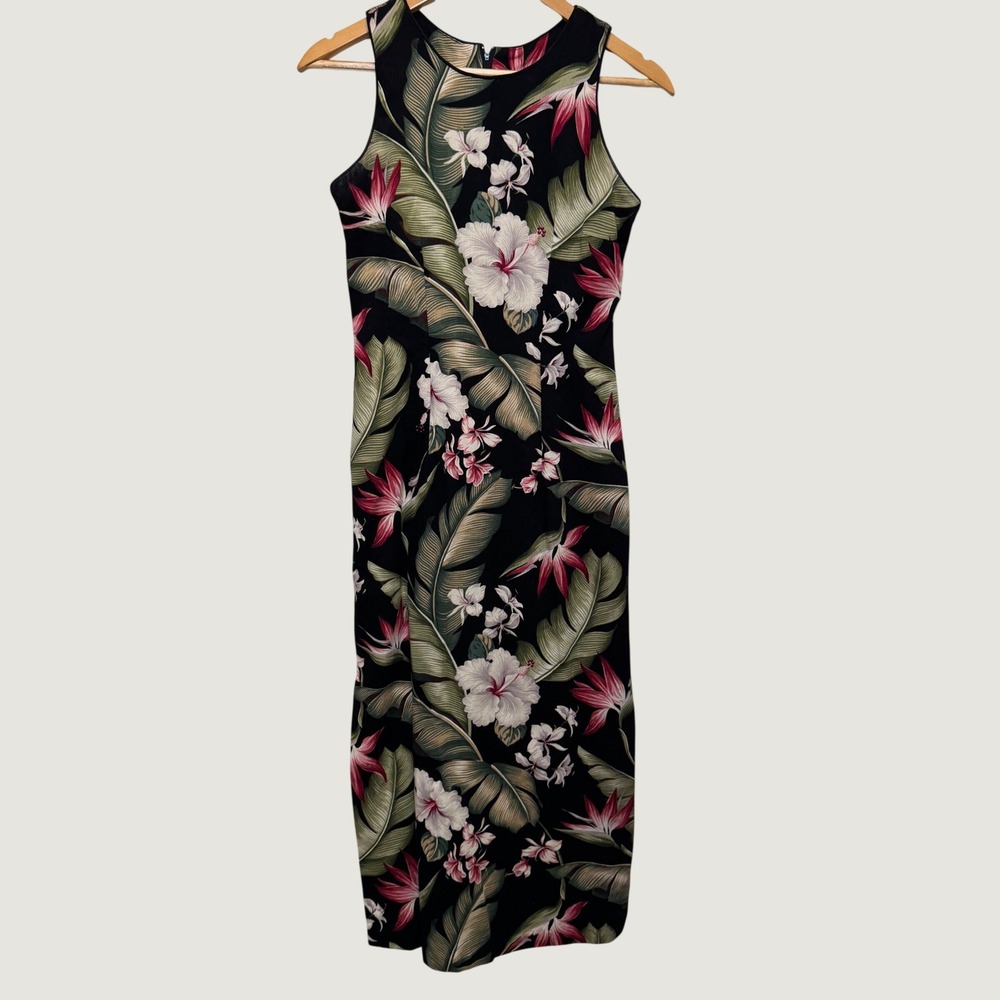 Vintage Iolani Maxi Dress P Black Floral Tropical Hibiscus Hawaiian Tiki Island